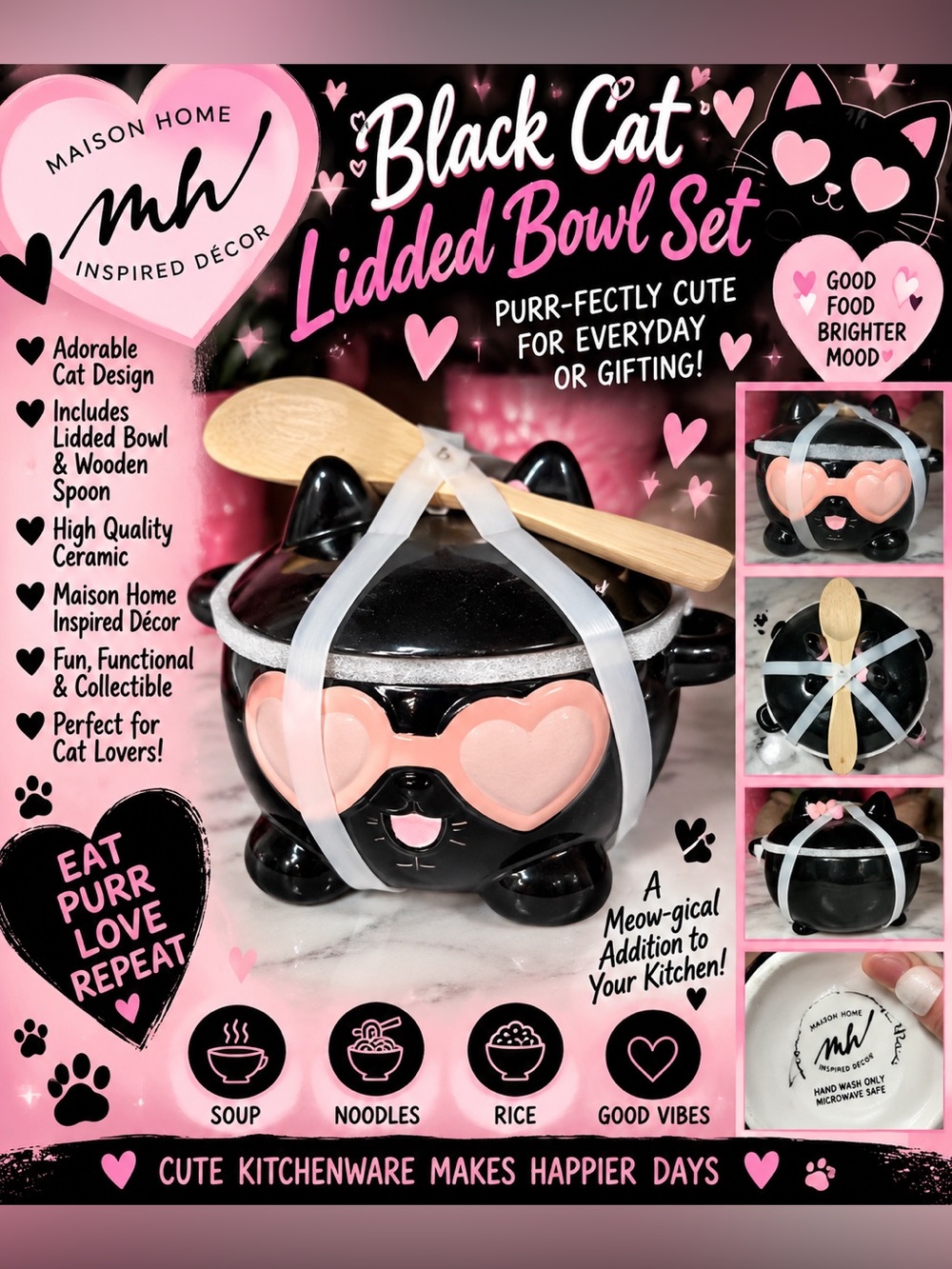 Maison Home Black Cat Heart Eyes Ceramic Lidded Bowl Wooden Spoon Set